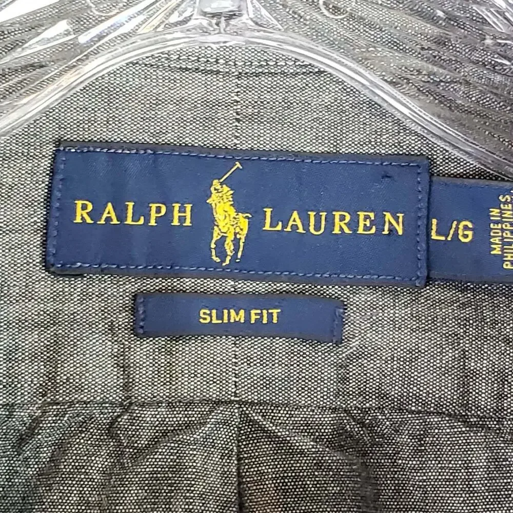 Polo Ralph Lauren Shirt LS Button Down Gray Blue Denim Texture Mens Size Large L